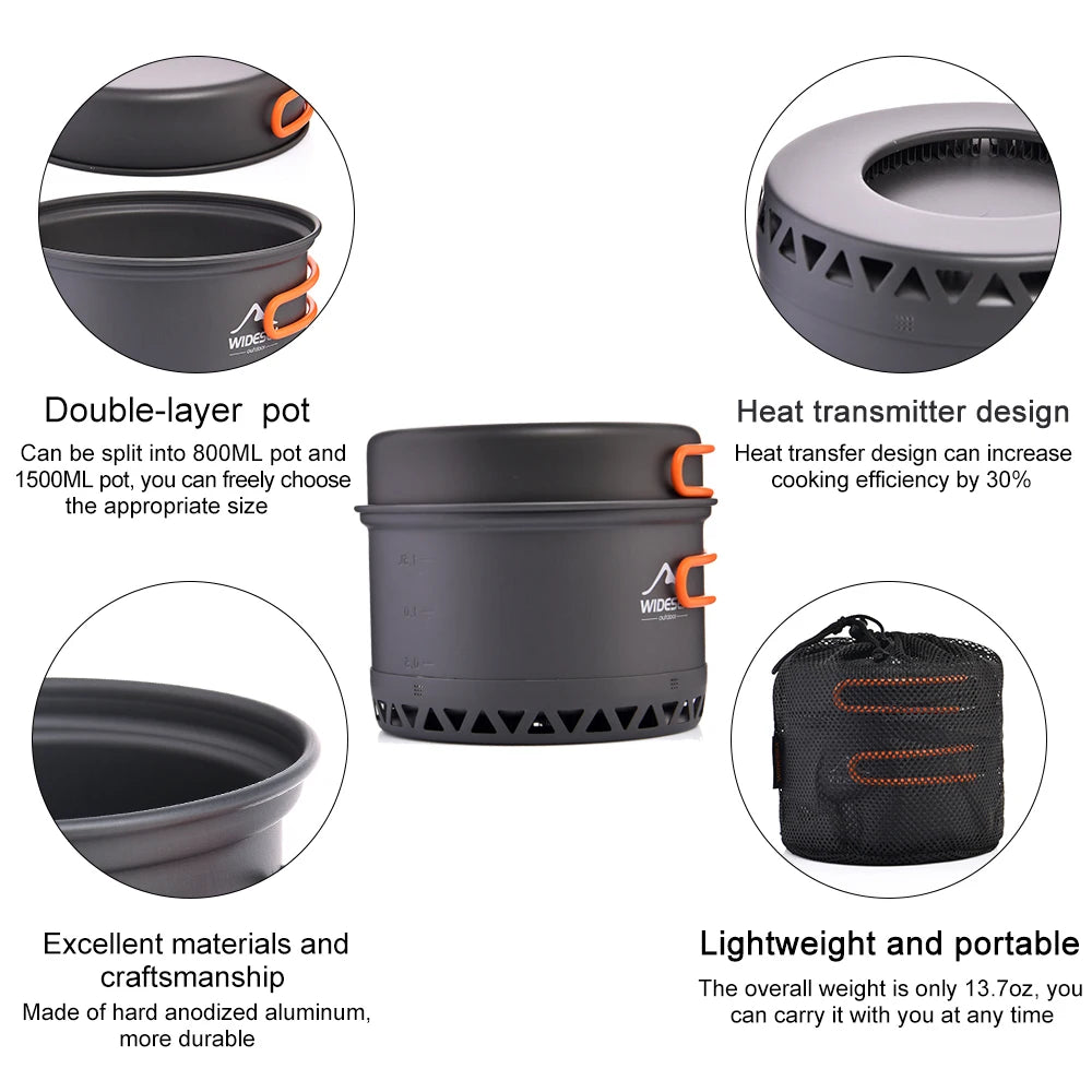 Widesea Camping 1.3L 2.3L Outdoor Cooking Set Portable Cookware Kettle Travel Kitchen Utensils