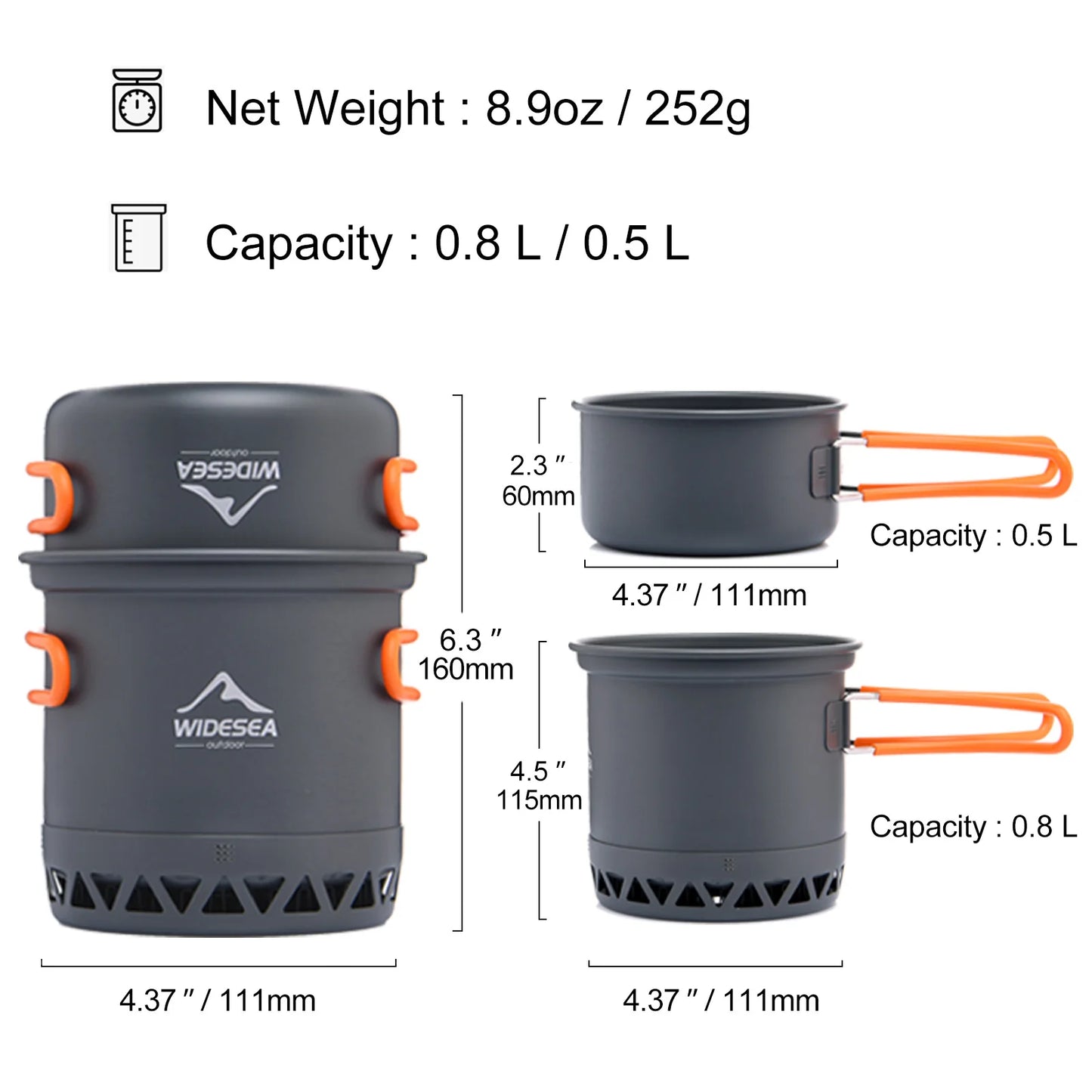 Widesea Camping 1.3L 2.3L Outdoor Cooking Set Portable Cookware Kettle Travel Kitchen Utensils