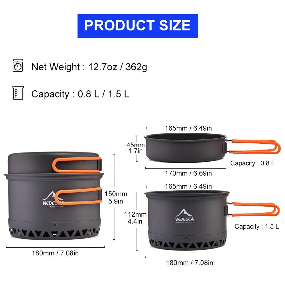 Widesea Camping 1.3L 2.3L Outdoor Cooking Set Portable Cookware Kettle Travel Kitchen Utensils