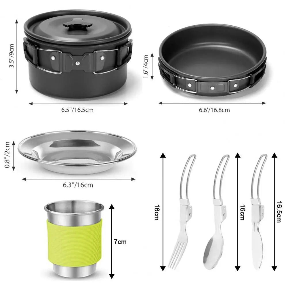 Portable Cooking Utensils Set for Two Person Camping Cookware Kit with Non Stick Pot Pan and Kettle for Outdoor Backpacking
