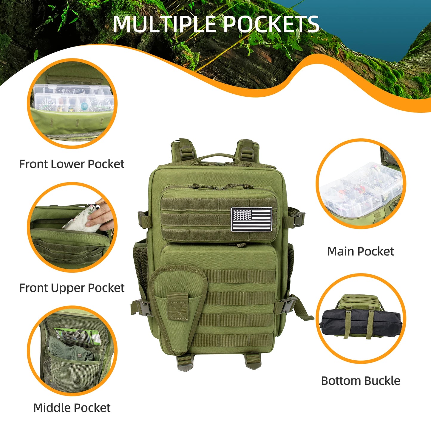 25L Tactical Fishing Hunting Backpack Men's Travel Large Capacity Waterproof Outdoor Bag