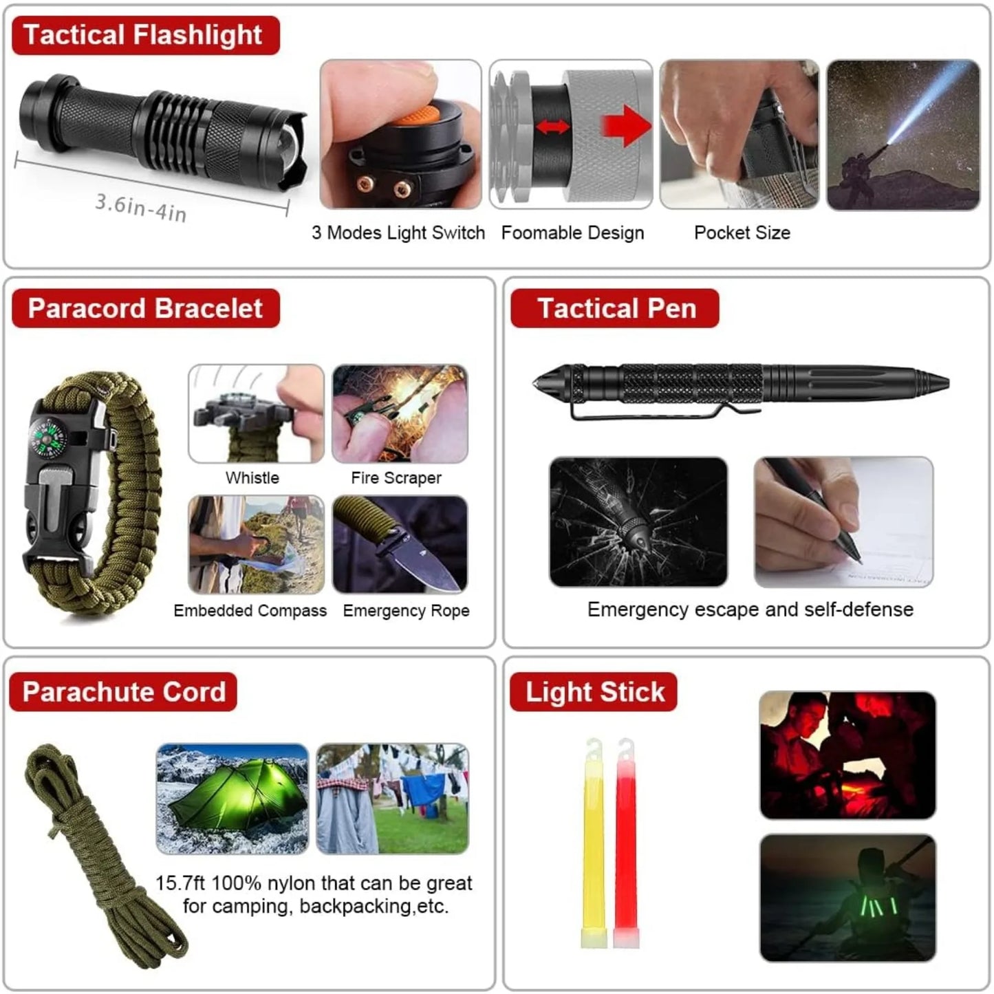Survival Kit 222 Pieces Emergency Survival Equipment First Aid Kit Compatible Bag Outdoor Camping Equipment Hunting