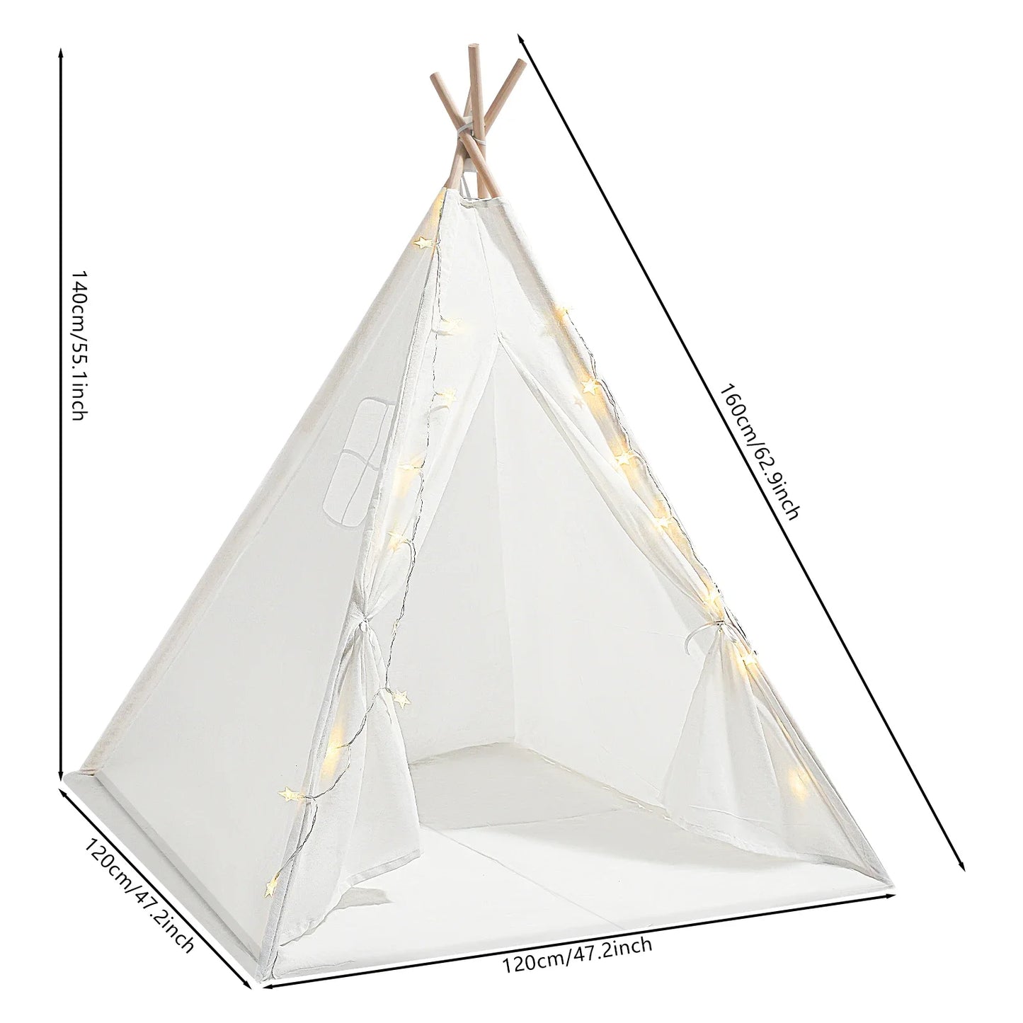 Modern Kids Teepee Tent with LED Lights and Padded Mat Foldable 47x55 Inch Cotton Playhouse for Indoor and Outdoor Use