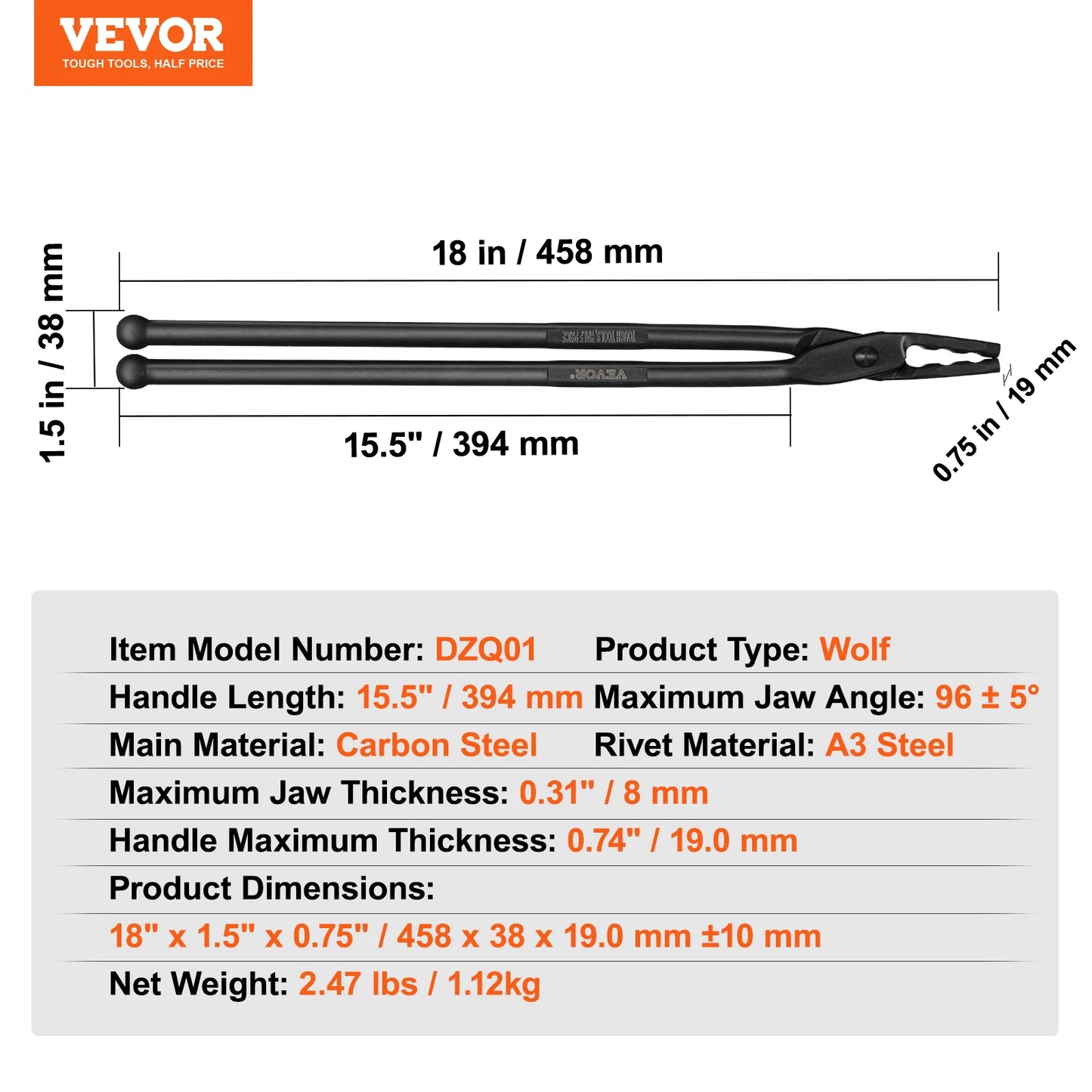 SucceBuy Blacksmith Tongs 18 Inch V Bit Bolt Tongs Wolf Jaw Tongs Z V Bit Tongs Gripping Tongs Carbon Steel Forge Tongs