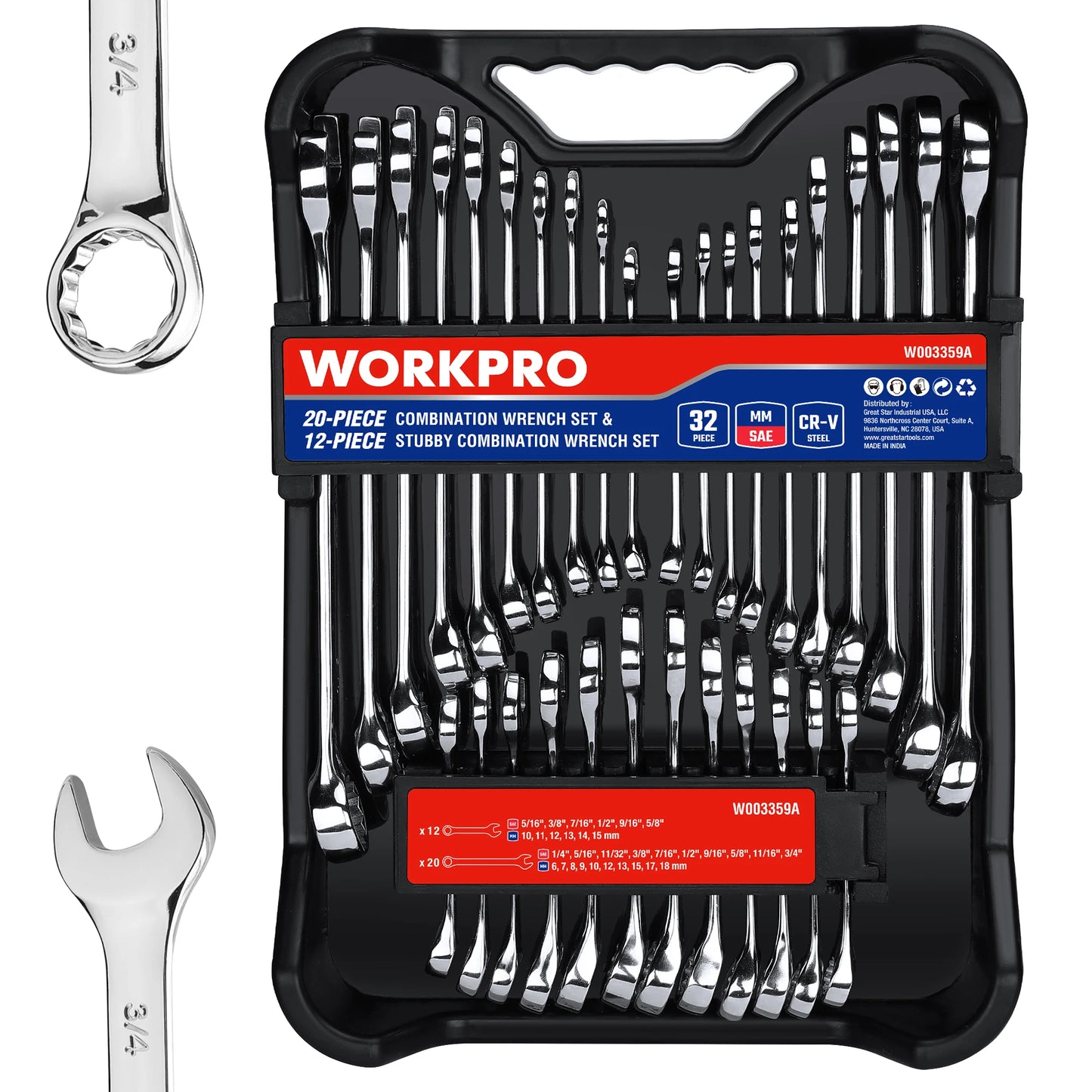 Workpro 32 Piece SAE and Metric Combination Wrenches Set with Organizer 20 Piece Standard Wrenches and 12 Piece Stubby Wrenches