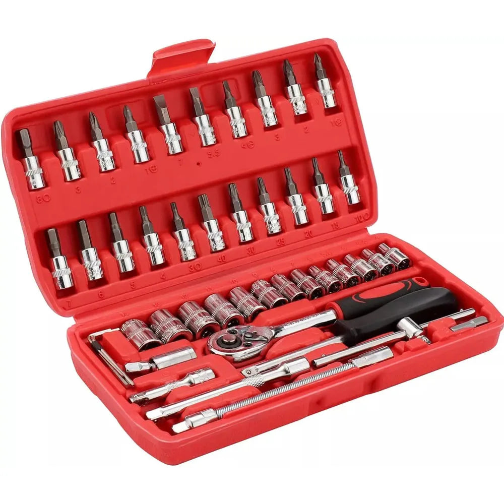 46 Piece Metric Flexible Head Ratcheting Wrench Combination Set 1/4 Inch Drive Hex Bit Socket Mechanic Tool for Car Repair