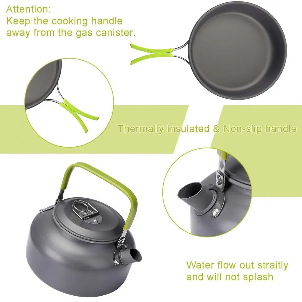 Portable Cooking Utensils Set for Two Person Camping Cookware Kit with Non Stick Pot Pan and Kettle for Outdoor Backpacking