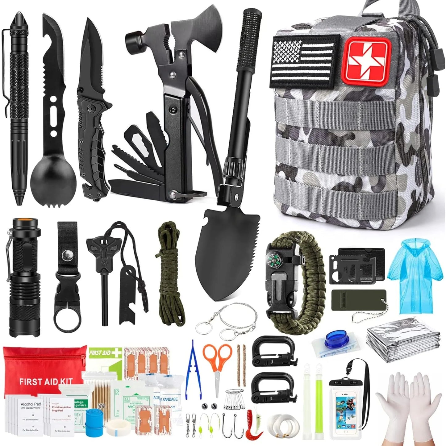 Survival Kit 222 Pieces Emergency Survival Equipment First Aid Kit Compatible Bag Outdoor Camping Equipment Hunting