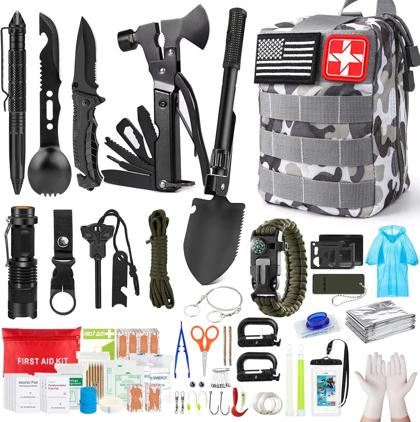 Survival Kit 222 Pieces Emergency Survival Equipment First Aid Kit Compatible Bag Outdoor Camping Equipment Hunting