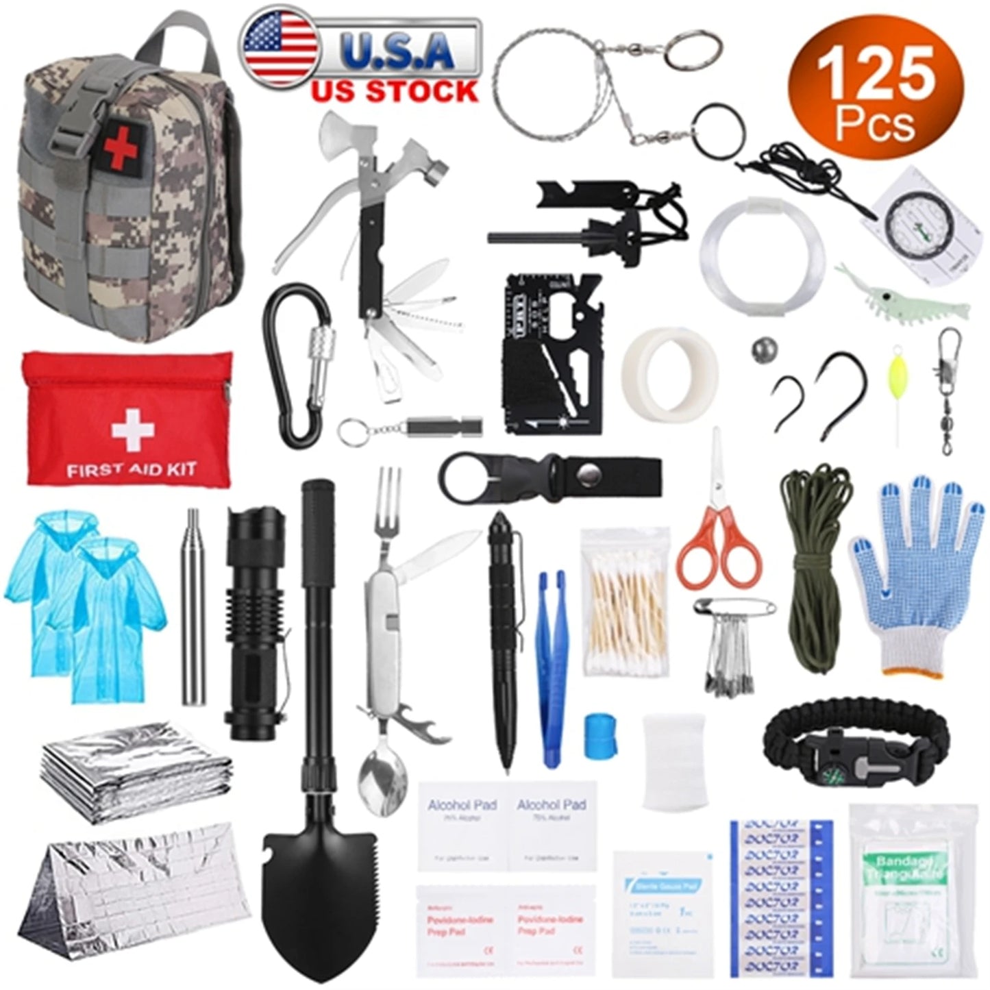 125 In 1 Emergency Survival Kit Trauma Bag Outdoor Multifunctional Camping Gear First Aid Kit Wilderness Axe Shovel Flashlight