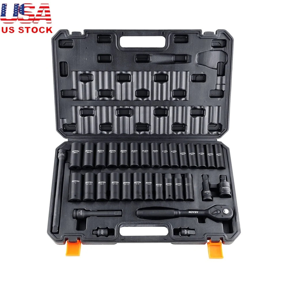 33 Piece 1/2 Inch Drive Impact Socket Set Cr-V Alloy Steel Heavy Duty Toolbox High Torque Durable Easy Read Markings Portable