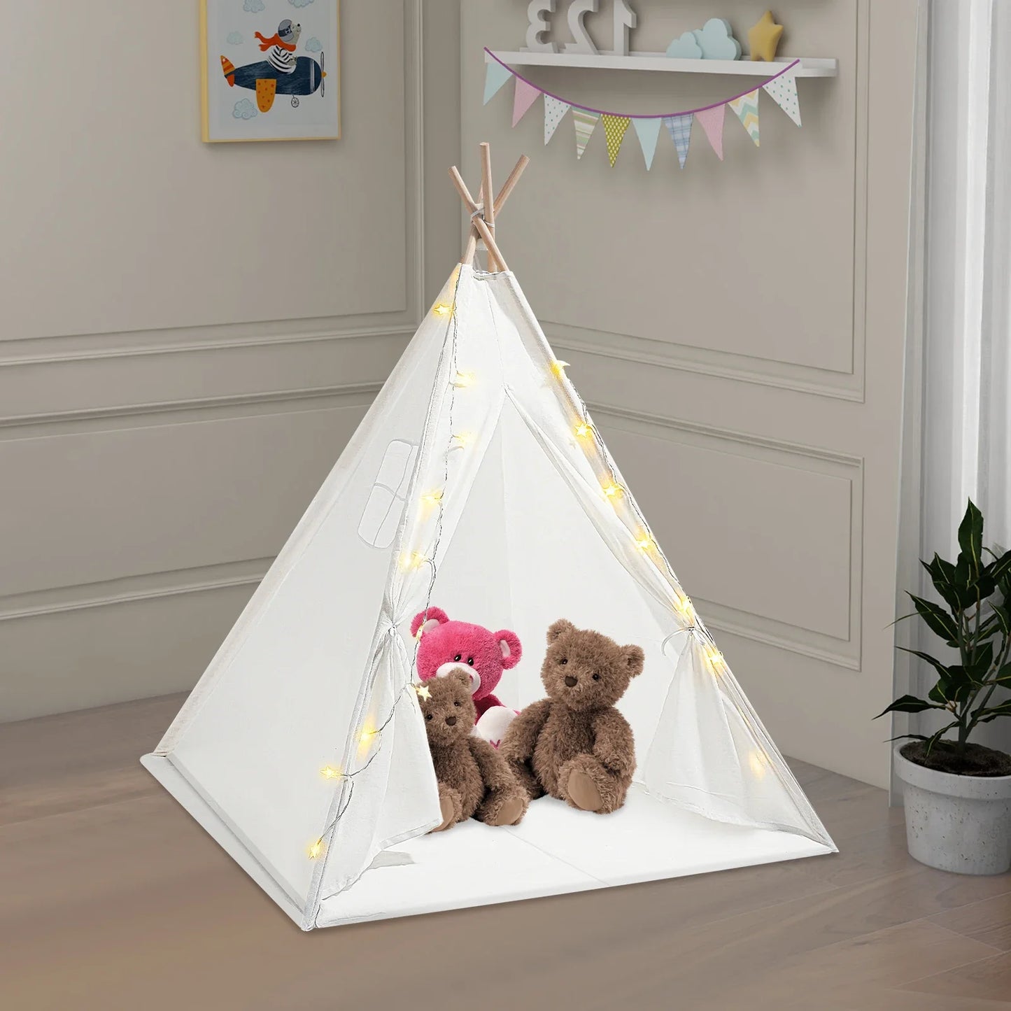 Modern Kids Teepee Tent with LED Lights and Padded Mat Foldable 47x55 Inch Cotton Playhouse for Indoor and Outdoor Use