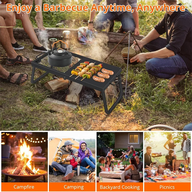 Folding Campfire Grill Heavy Duty Steel Mesh Grate Portable Camping Grates Over Fire Pit Campfire Cooking Grilling Rack