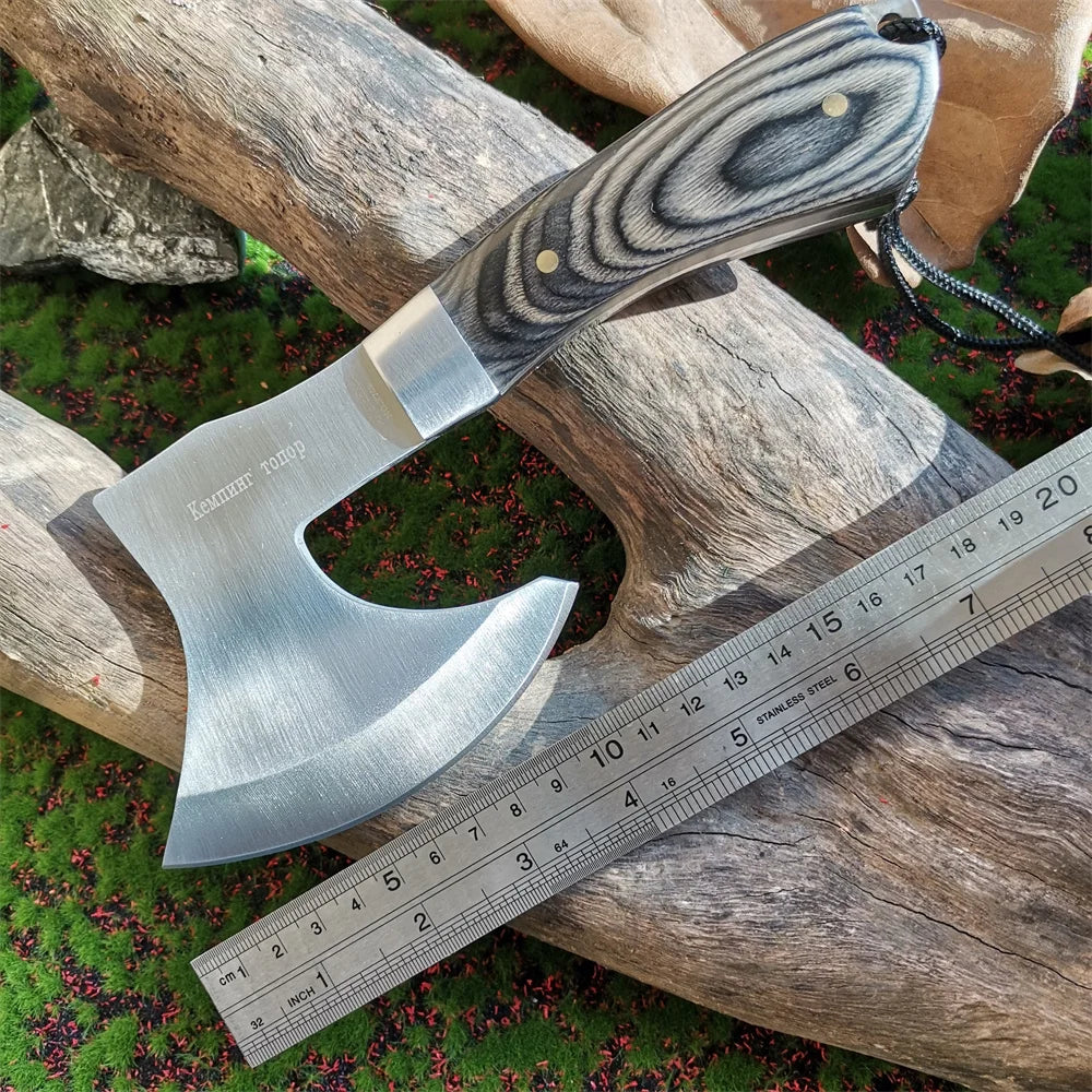 Portable Tactical Stainless Steel Camping Axe with Colored Wooden Handle Lightweight Outdoor Survival Tool