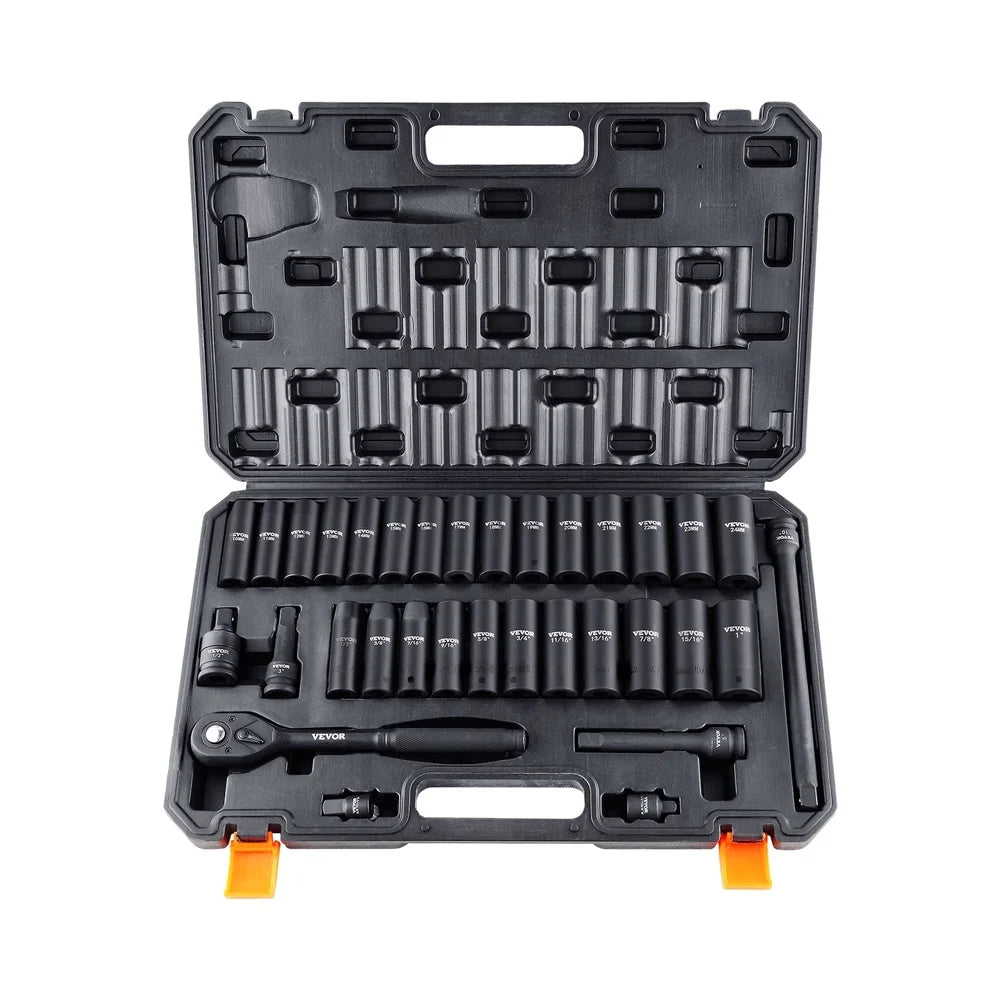 33 Piece 1/2 Inch Drive Impact Socket Set Cr-V Alloy Steel Heavy Duty Toolbox High Torque Durable Easy Read Markings Portable