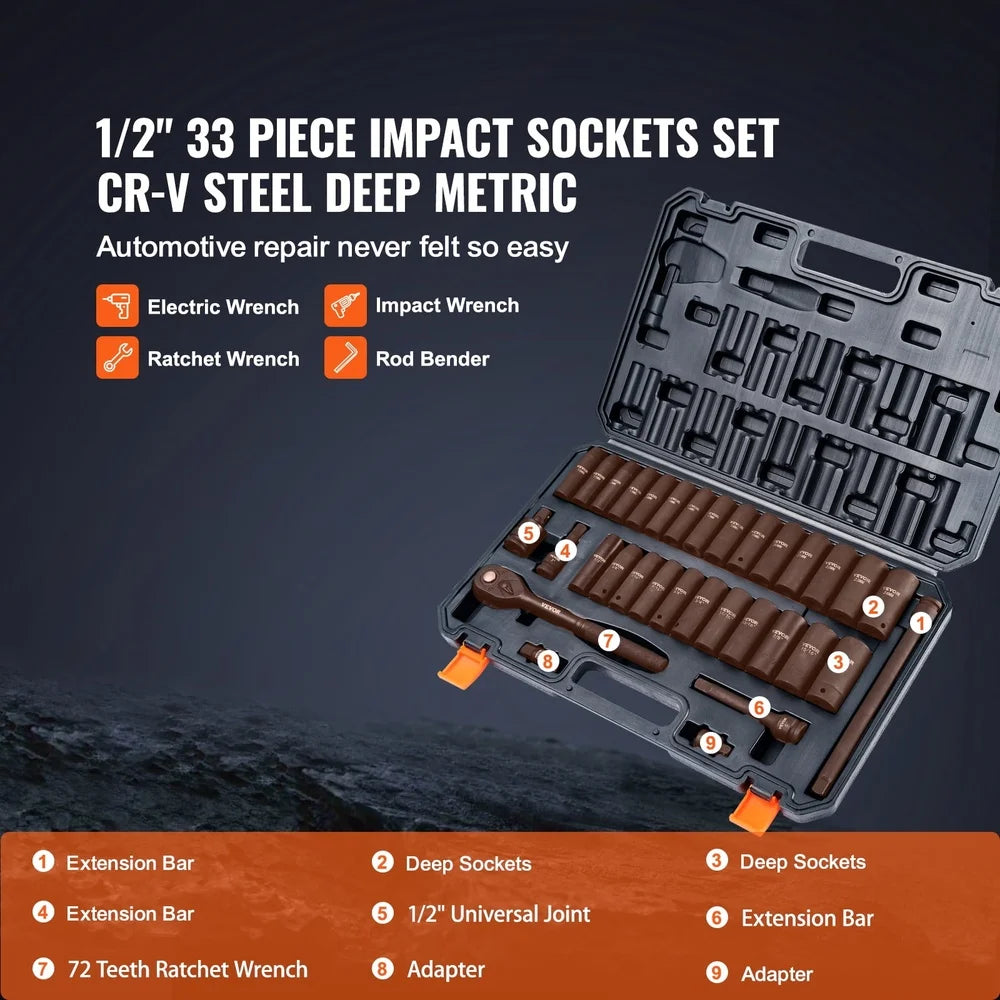 33 Piece 1/2 Inch Drive Impact Socket Set Cr-V Alloy Steel Heavy Duty Toolbox High Torque Durable Easy Read Markings Portable