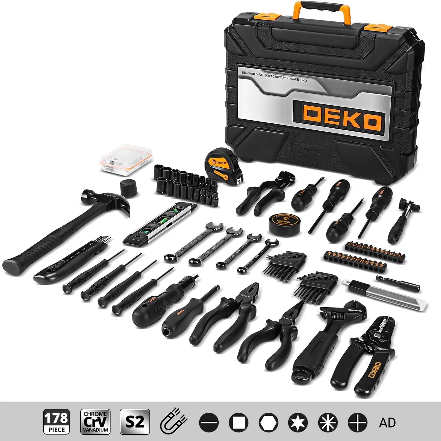 Deko DKMT178 Household Tool Set with Drill Wrench Sockets for Car Repair and Mechanics