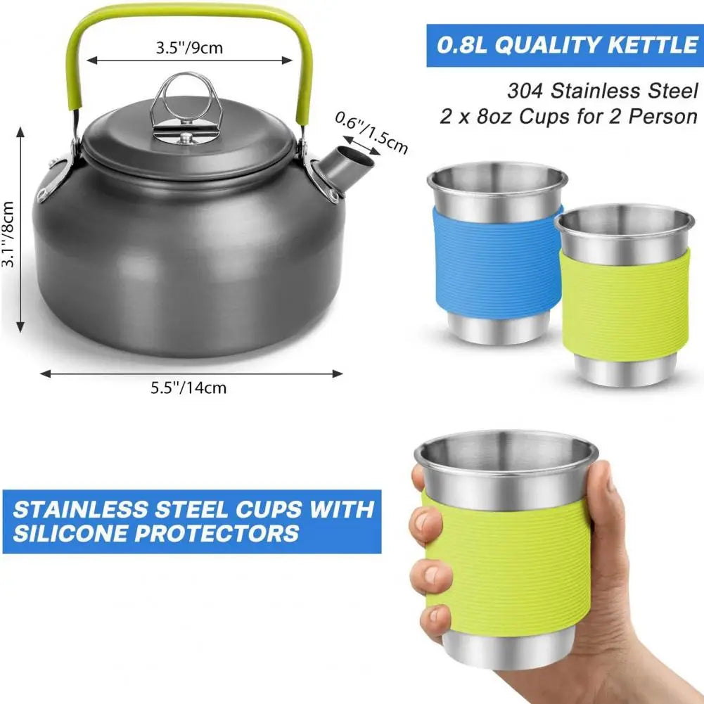 Portable Cooking Utensils Set for Two Person Camping Cookware Kit with Non Stick Pot Pan and Kettle for Outdoor Backpacking