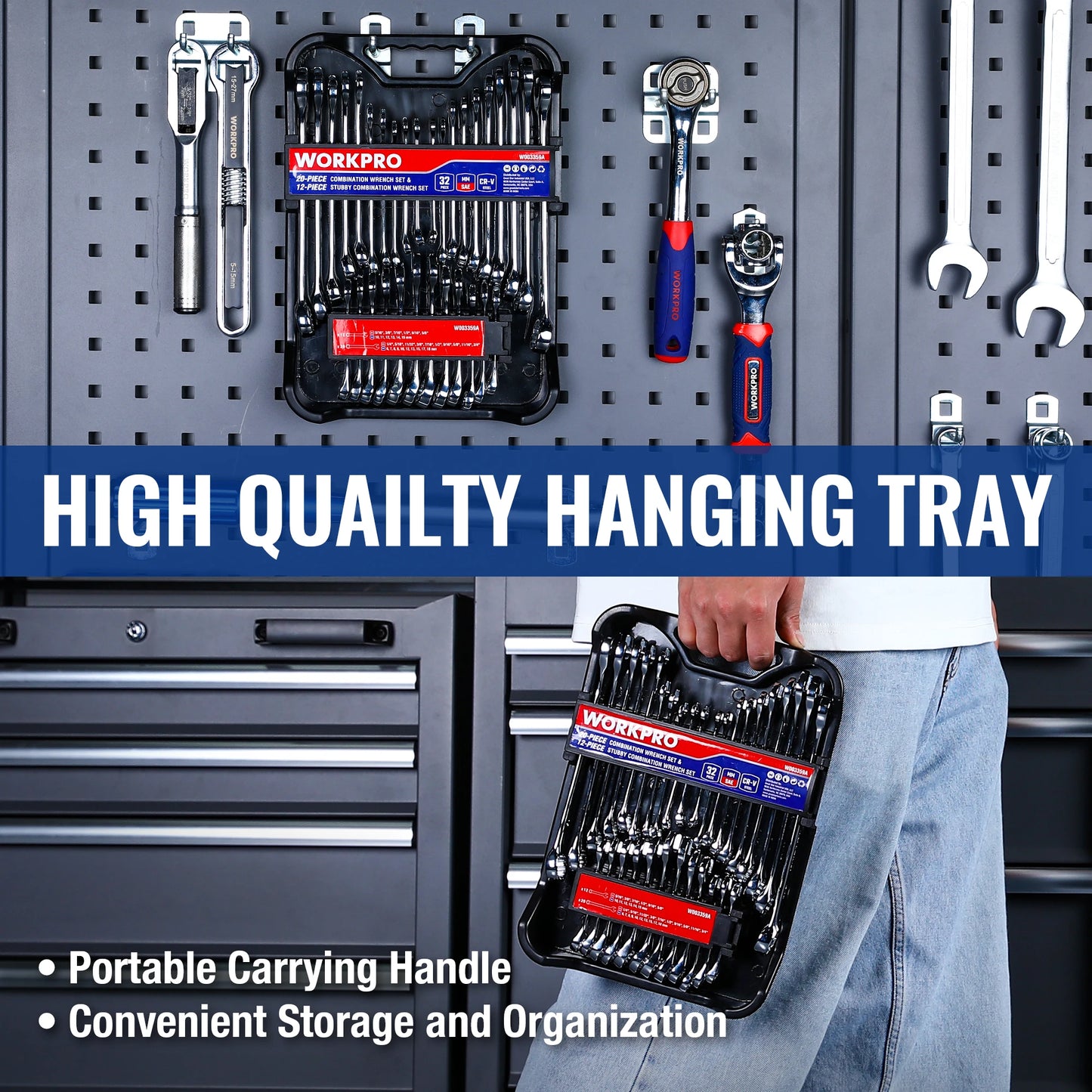 Workpro 32 Piece SAE and Metric Combination Wrenches Set with Organizer 20 Piece Standard Wrenches and 12 Piece Stubby Wrenches