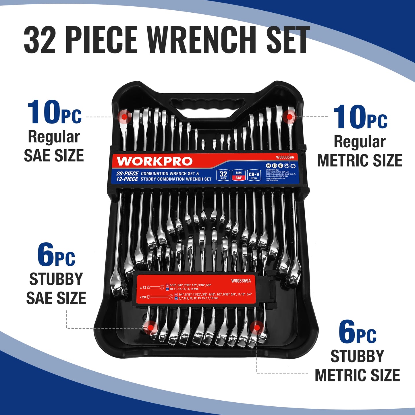 Workpro 32 Piece SAE and Metric Combination Wrenches Set with Organizer 20 Piece Standard Wrenches and 12 Piece Stubby Wrenches