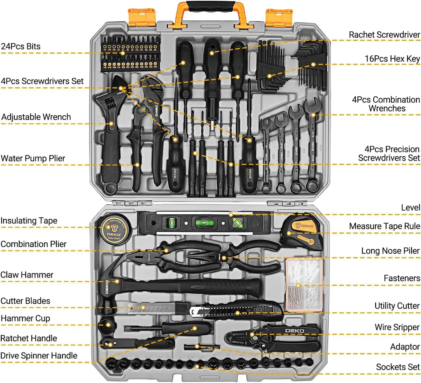 Deko DKMT178 Household Tool Set with Drill Wrench Sockets for Car Repair and Mechanics