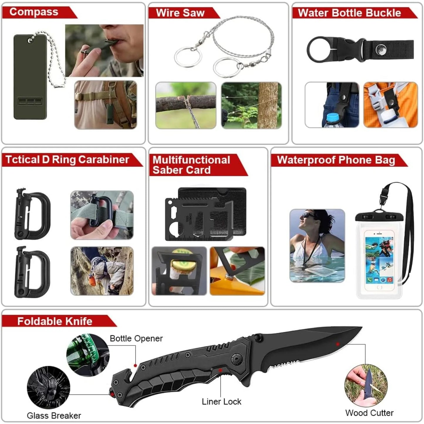 Survival Kit 222 Pieces Emergency Survival Equipment First Aid Kit Compatible Bag Outdoor Camping Equipment Hunting