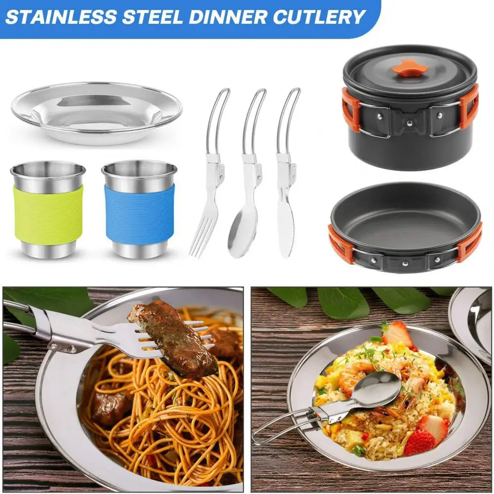 Portable Cooking Utensils Set for Two Person Camping Cookware Kit with Non Stick Pot Pan and Kettle for Outdoor Backpacking