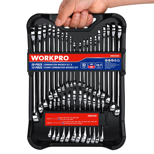 Workpro 32 Piece SAE and Metric Combination Wrenches Set with Organizer 20 Piece Standard Wrenches and 12 Piece Stubby Wrenches