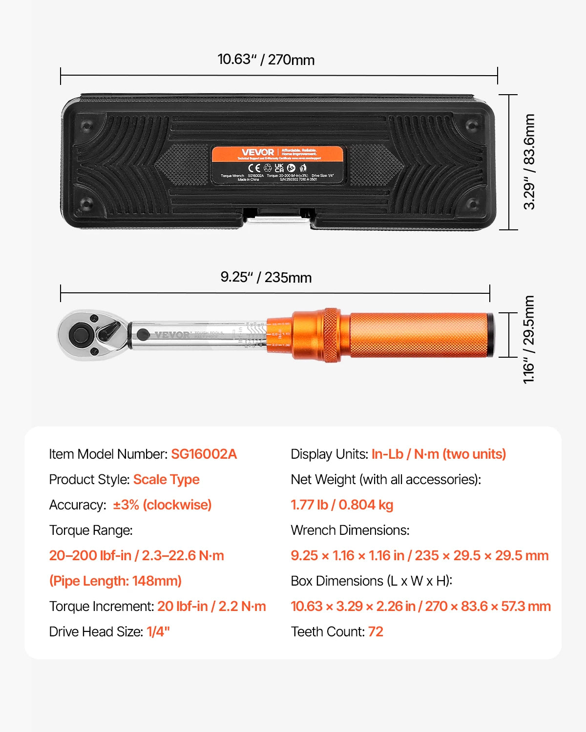 VEVOR Click Torque Wrench Set 1/4 Inch Drive 20-200 Lbf In Dual Direction Dual Range Scales with Bit Sockets for Bicycle Repair