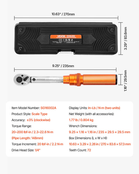 VEVOR Click Torque Wrench Set 1/4 Inch Drive 20-200 Lbf In Dual Direction Dual Range Scales with Bit Sockets for Bicycle Repair