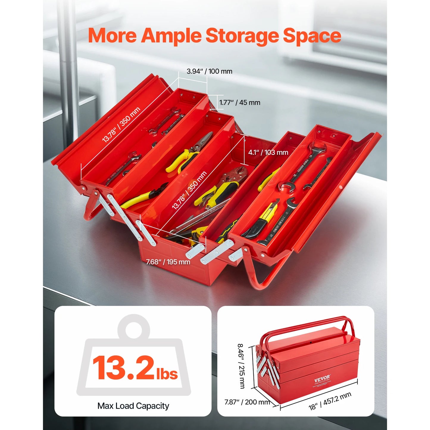 SucceBuy 18 Inch Metal Toolbox 3 Tier 5 Tray Portable Folding Tool Chest Handle
