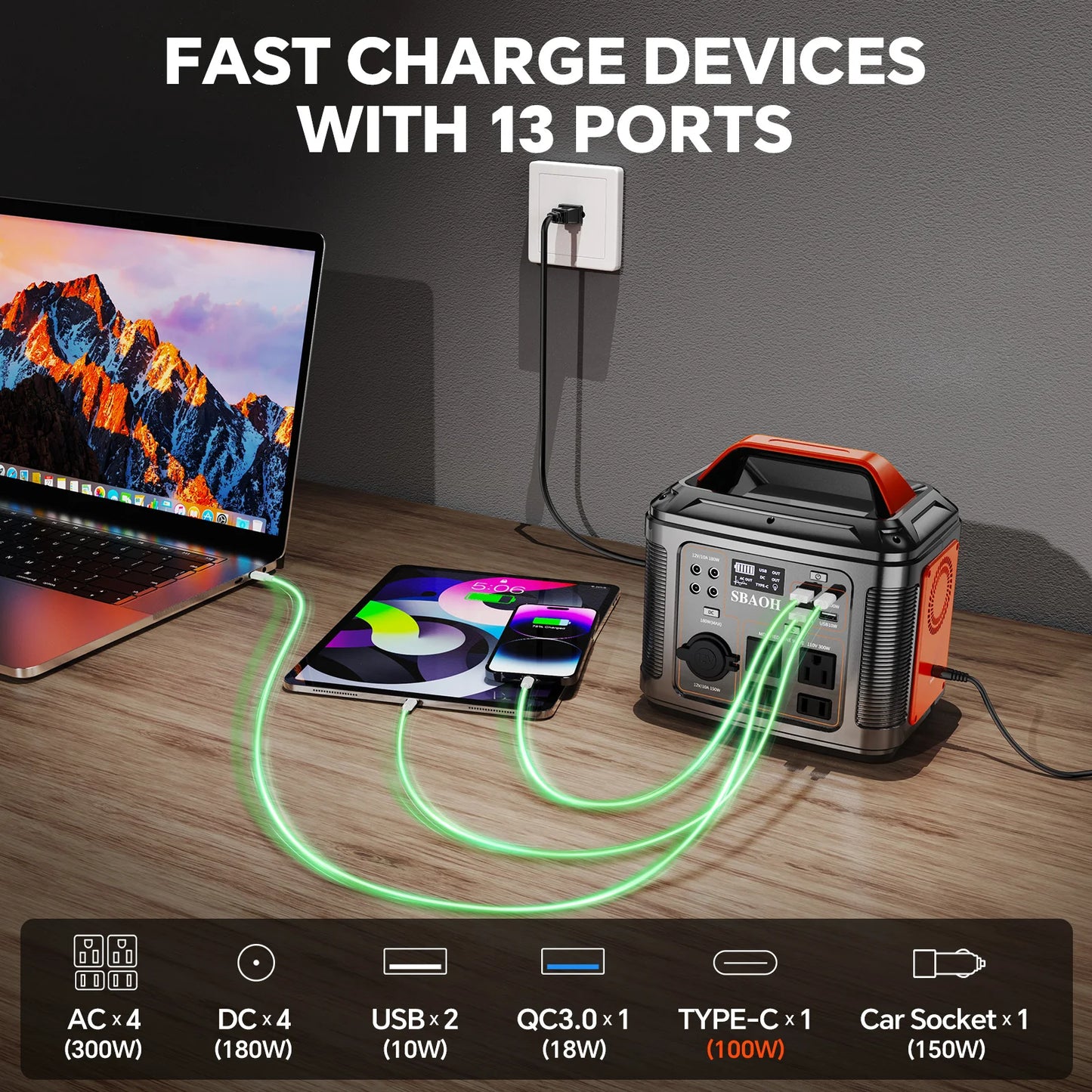 300W Portable Power Station 296Wh 80000mAh Camping Solar Generator Emergency Lithium Battery Black with Solar Panel