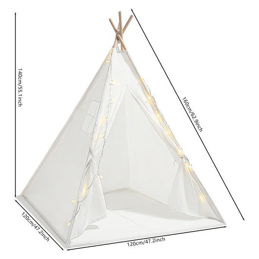 Modern Kids Teepee Tent with LED Lights and Padded Mat Foldable 47x55 Inch Cotton Playhouse for Indoor and Outdoor Use