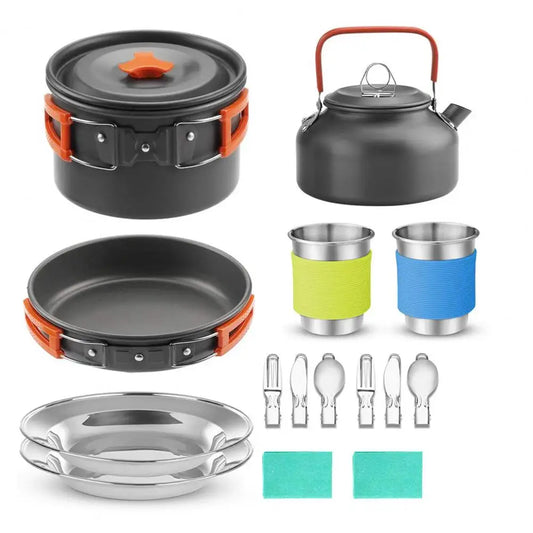 Portable Cooking Utensils Set for Two Person Camping Cookware Kit with Non Stick Pot Pan and Kettle for Outdoor Backpacking