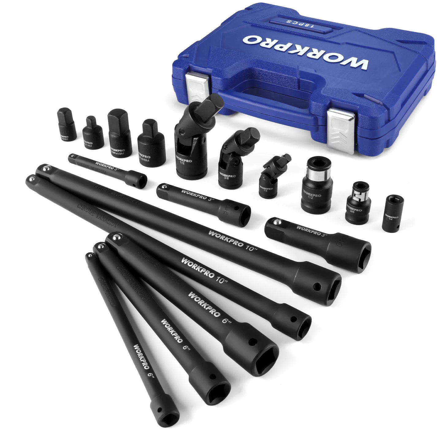 Workpro 18 Pieces Drive Tool Accessory Set with Socket Adapters Socket Extension Bar Swivel Universal Joints Impact Coupler