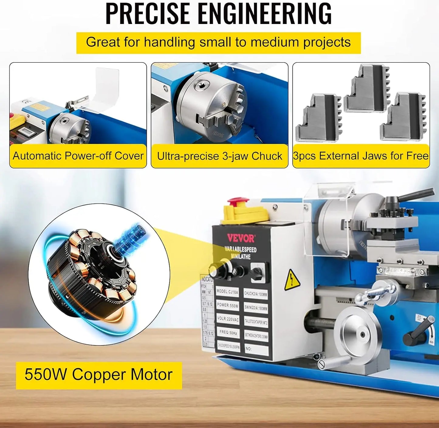 Mini Metal Lathe 7 Inch by 14 Inch Benchtop Metal Lathe 550 Watt Variable Speed 2250 RPM with 3 Jaw Chuck CNC Mini Lathe Machine Precision Mini Lathe with Tool Box Digital Display for Metal Turning