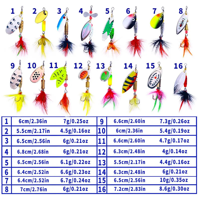 16PCS Fake Bait Spinner Lures Metal Fishing Lure Spinnerbait Kit for Bass Trout Salmon