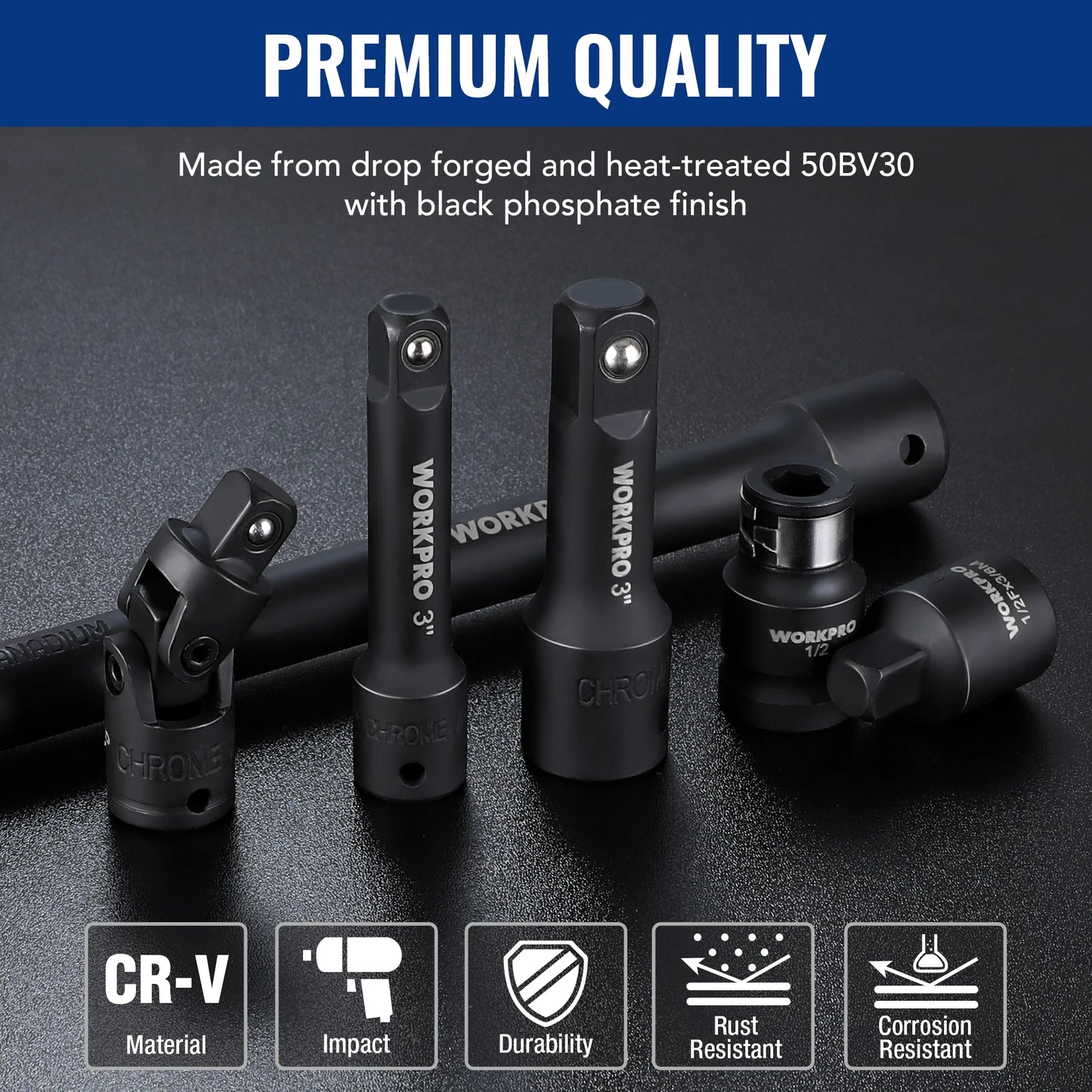 Workpro 18 Pieces Drive Tool Accessory Set with Socket Adapters Socket Extension Bar Swivel Universal Joints Impact Coupler