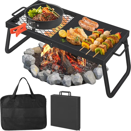 Folding Campfire Grill Heavy Duty Steel Mesh Grate Portable Camping Grates Over Fire Pit Campfire Cooking Grilling Rack