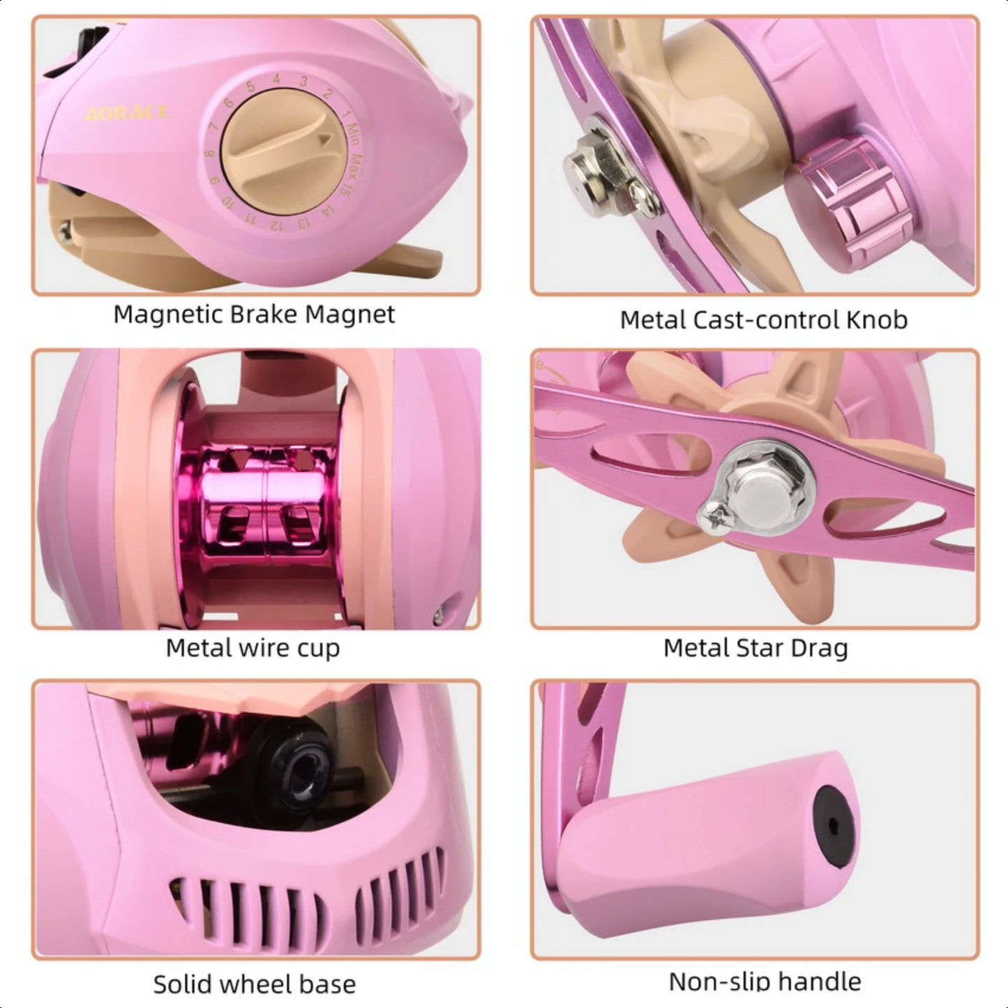 Ultra Light Pink Left Right Handed Brake System Baitcasting Fishing Reel 7.2 to 1 Gear Ratio