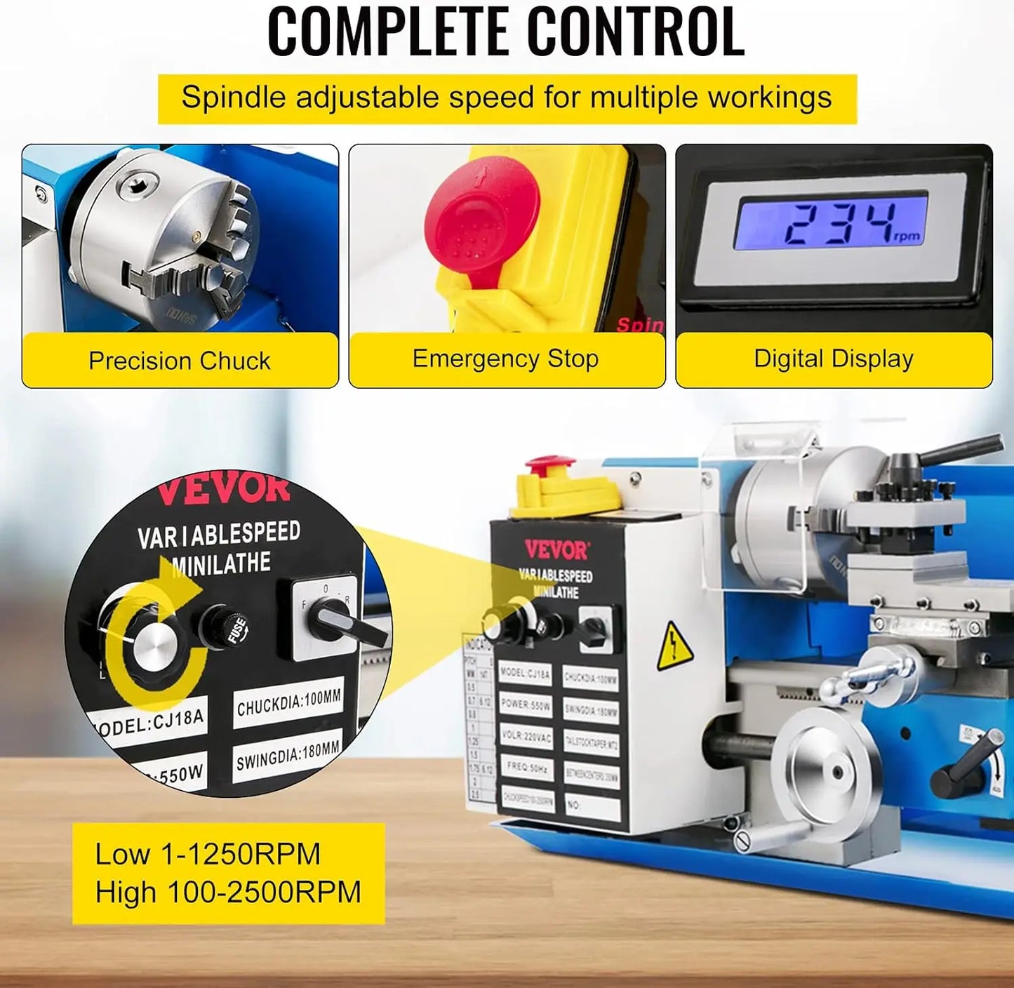 Mini Metal Lathe 7 Inch by 14 Inch Benchtop Metal Lathe 550 Watt Variable Speed 2250 RPM with 3 Jaw Chuck CNC Mini Lathe Machine Precision Mini Lathe with Tool Box Digital Display for Metal Turning