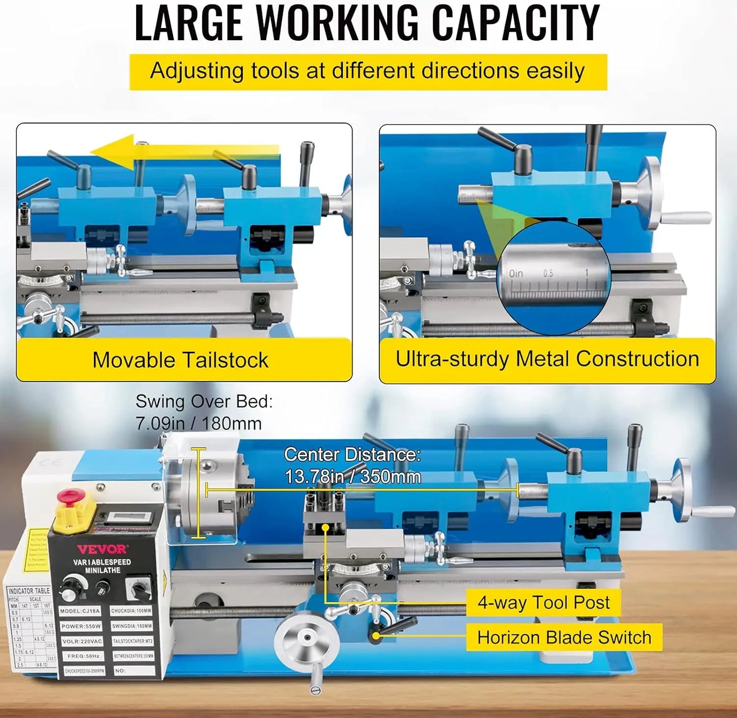 Mini Metal Lathe 7 Inch by 14 Inch Benchtop Metal Lathe 550 Watt Variable Speed 2250 RPM with 3 Jaw Chuck CNC Mini Lathe Machine Precision Mini Lathe with Tool Box Digital Display for Metal Turning