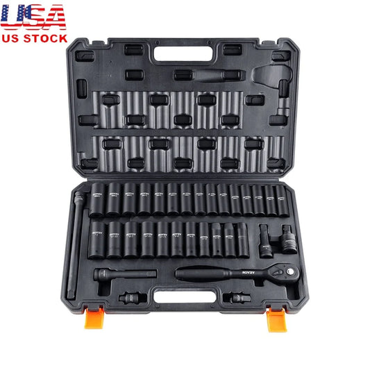33 Piece 1/2 Inch Drive Impact Socket Set Cr-V Alloy Steel Heavy Duty Toolbox High Torque Durable Easy Read Markings Portable
