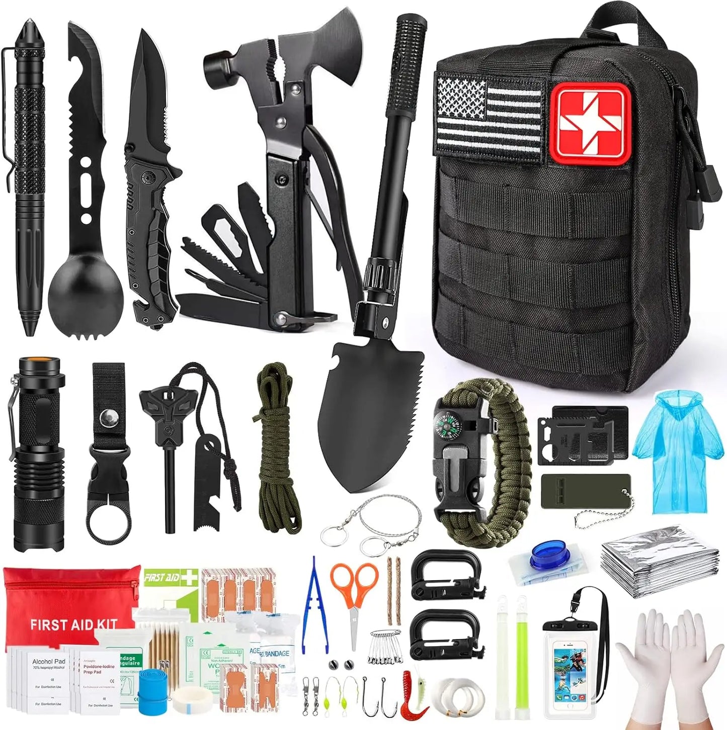 Survival Kit 222 Pieces Emergency Survival Equipment First Aid Kit Compatible Bag Outdoor Camping Equipment Hunting
