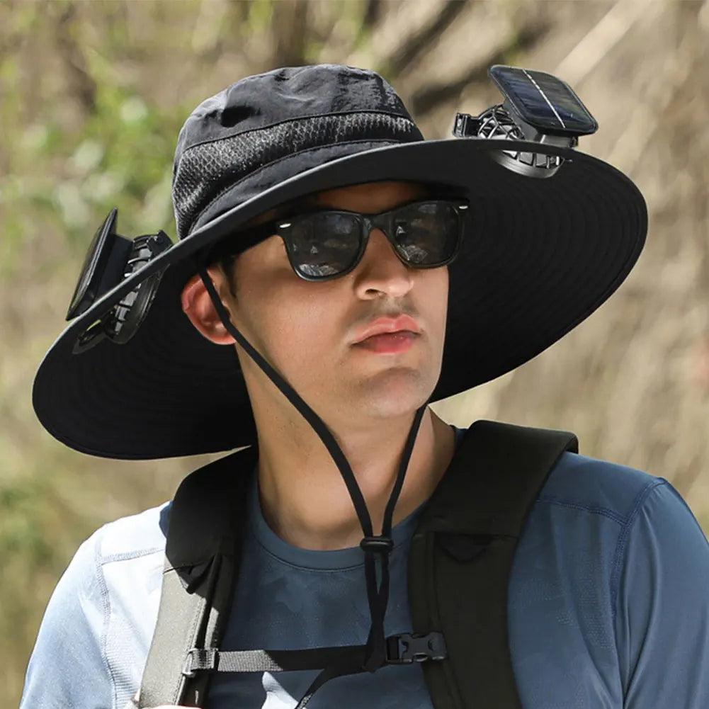 Outdoor Solar Fan Hat UV Protection Sun Hat with Solar Powered Fans Breathable Wide Brim Fishing Hat for Camping and Hiking