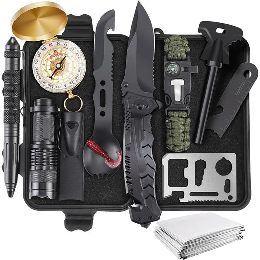 13 in 1 Survival Pack with Integrated Survival Equipment Tactical Tools for Camping Hiking Hunting and Outdoor Exploration