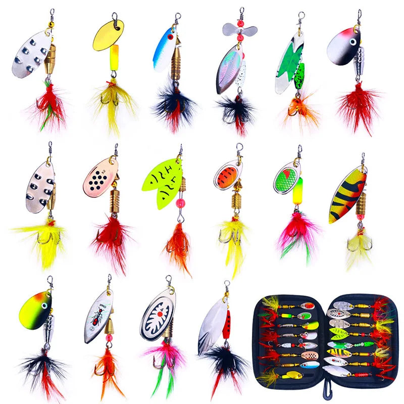 16PCS Fake Bait Spinner Lures Metal Fishing Lure Spinnerbait Kit for Bass Trout Salmon