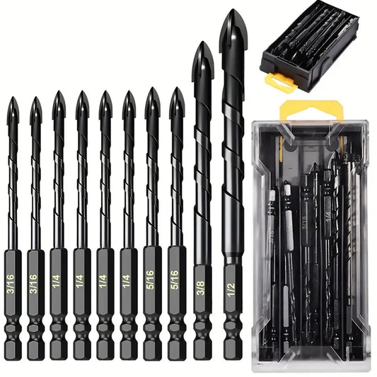 10 Pcs Masonry Concrete Drill Bit Set for Tile Brick Glass Plastic and Wood Tungsten Carbide Tip