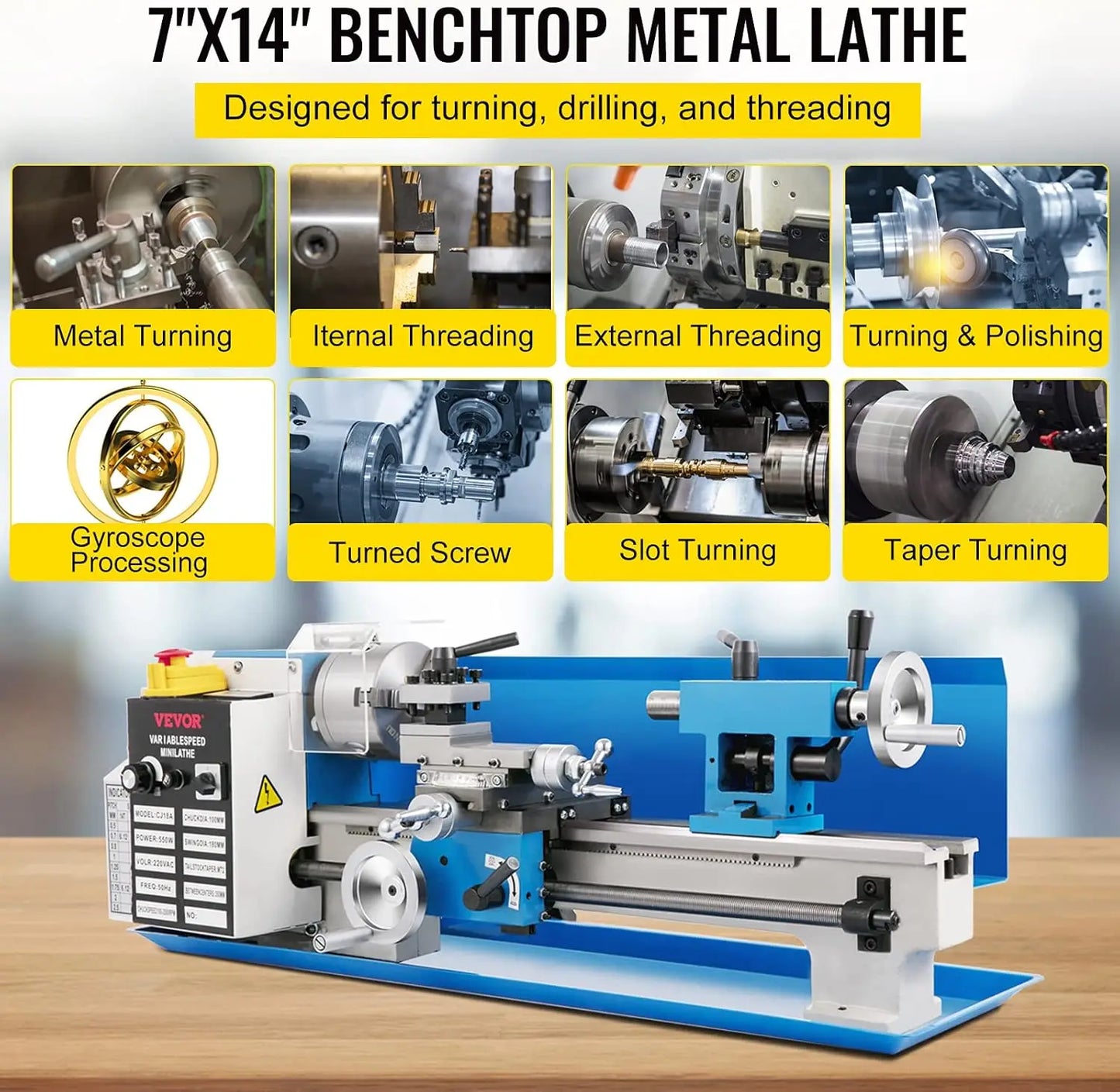 Mini Metal Lathe 7 Inch by 14 Inch Benchtop Metal Lathe 550 Watt Variable Speed 2250 RPM with 3 Jaw Chuck CNC Mini Lathe Machine Precision Mini Lathe with Tool Box Digital Display for Metal Turning