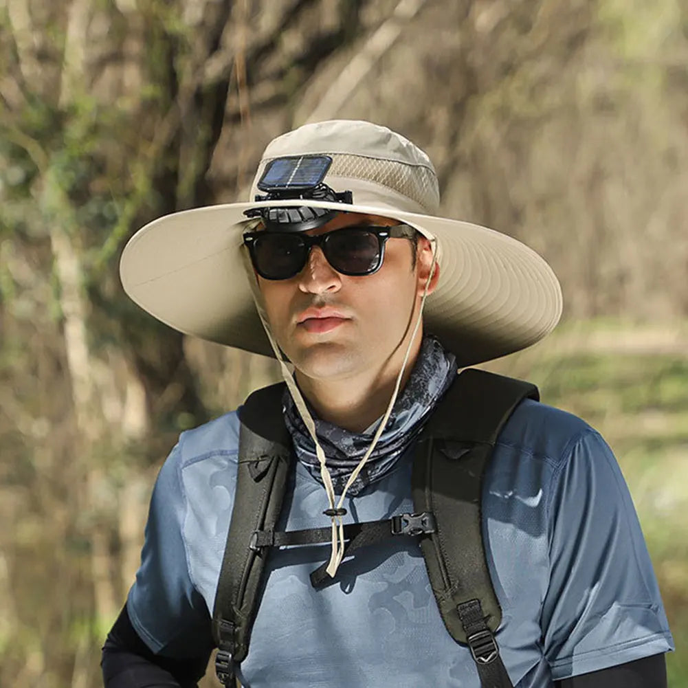 Outdoor Solar Fan Hat UV Protection Sun Hat with Solar Powered Fans Breathable Wide Brim Fishing Hat for Camping and Hiking